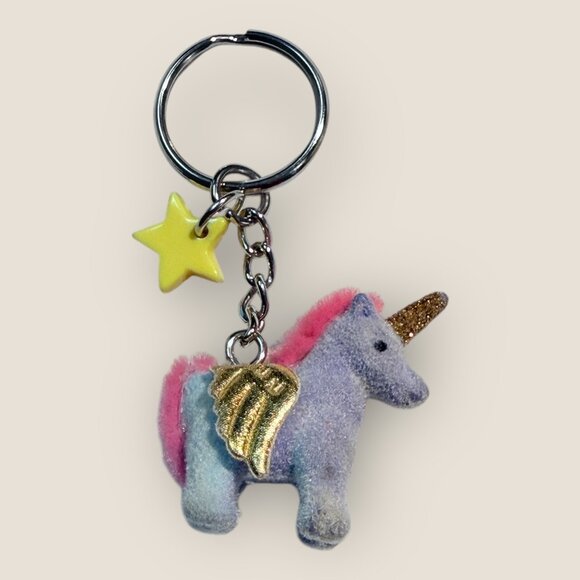 Flocked Unicorn Keychain Keyring with BFF Star Charm Purple Ombre - Picture 2 of 2